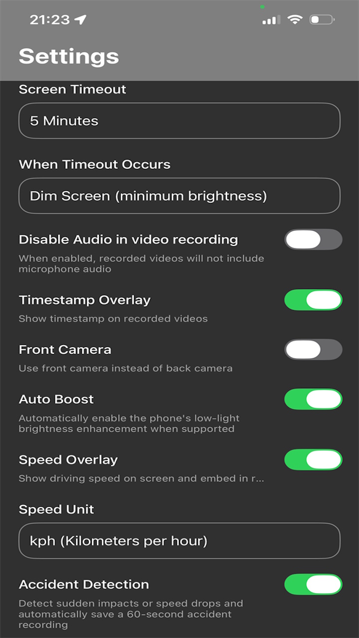 Timestamp and timeout settings screen